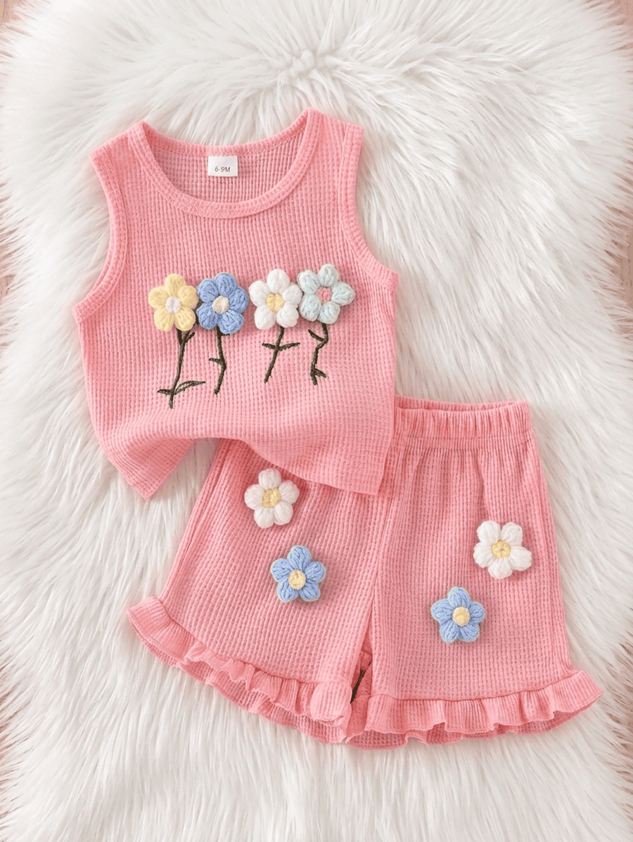 Set ete 2 pieces en tissu gaufre bebe fille vetement coton - Kidzaz (5)